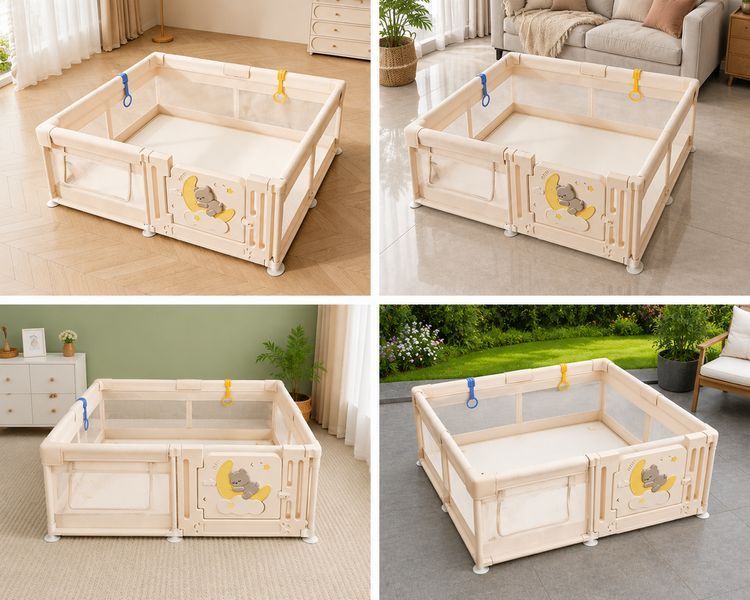 Дитячий манеж Terrio Moon Bear XL 180х200 см з пластиковими дверима, двома ручками і 60 різнокольоровими м'ячами 3056723708 фото